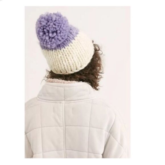 Free People Beanie Hat Cozy Up Color Block Pom Pom Lavender Ivory O/S main image 5
